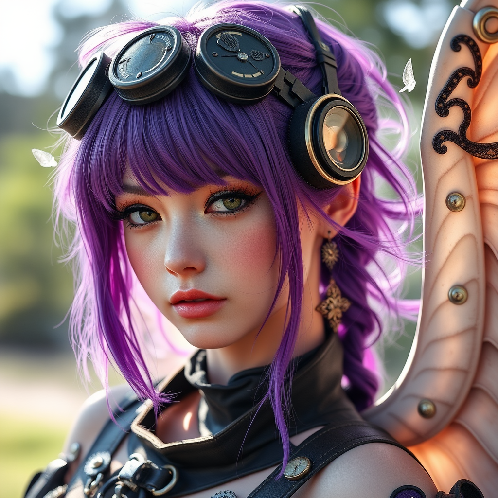 Create a high-resolution portrait of a fantasy character with purple hair and steampunk goggles, featuring intricate details in her outfit and wings, use a Canon EOS R5 with a 50mm f/1.2 lens, aperture set to f/1.8, ISO 100, and shoot in natural light from an angle that highlights her face and accessories.