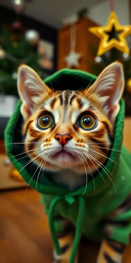 A close-up of a curious cat wearing a green hood with a star ornament in the background and a cozy indoor setting. The cat's big eyes are prominently displayed, capturing its playful and inquisitive expression.