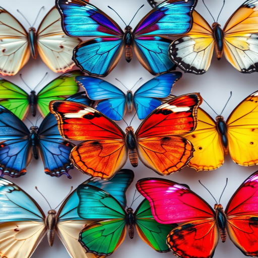 Regenerate an image of nine colorful butterflies arranged in a grid, high resolution, macro view, soft focus, aperture f/2.8, shutter speed 1/200s, ISO 100, DSLR camera.