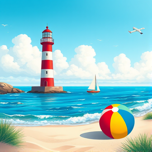 Create a vibrant illustration of a coastal scene featuring a red and white lighthouse, a sailing boat on the ocean, a colorful beach ball on the sand, and fluffy clouds in a bright blue sky, using a digital canvas style with high resolution 300 DPI, wide-angle perspective, and soft lighting for an inviting atmosphere.