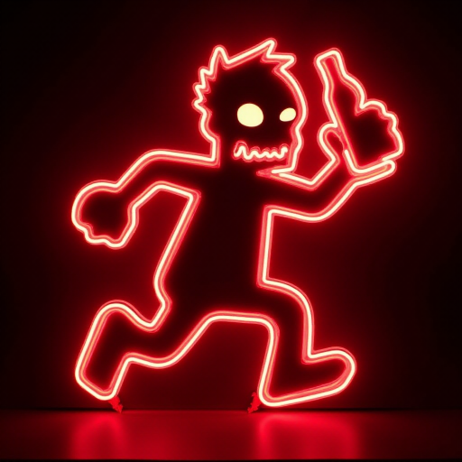 Create an image of a neon sign featuring a cartoon-style zombie in a dynamic pose, holding a bottle. The neon sign should glow in red against a dark background, making the character stand out prominently. The character should appear to be running, capturing attention with its vibrant color and action pose, perfect for advertising or decorative purposes.