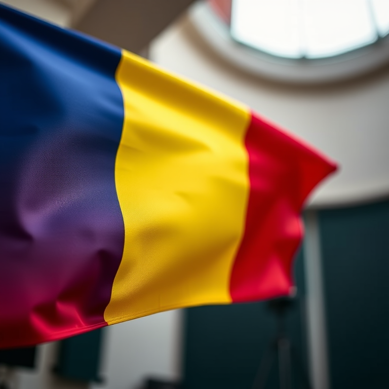 Create an image of the Romanian flag with vibrant colors, captured using a DSLR camera, 35mm lens, f/8 aperture, ISO 100, in a well-lit environment, focusing directly on the flag's texture and details.