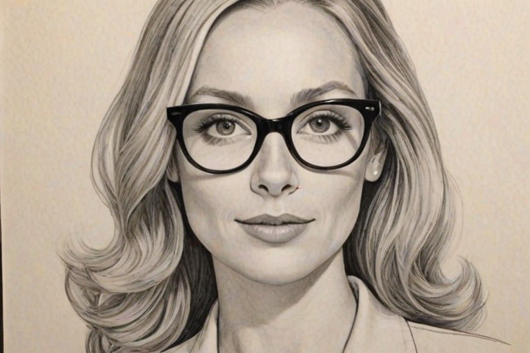 Beauteous Joanne Froggatt, pencil sketch, portrait of Enchanting woman 1955s in glasses, hair style beatnik, outline, clear lines, fine lines, 8k