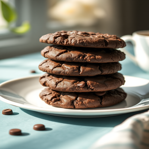 Create a realistic image of a stack of four chocolate cookies on a white plate with natural lighting, using a DSLR camera, aperture f/2.8, shutter speed 1/60s, ISO 200, close-up view, shallow depth of field.