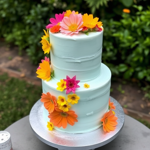 A two-tiered cake with a light blue frosting decorated with colorful edible flowers in shades of pink yellow and orange placed on a silver cake stand outdoors surrounded by greenery