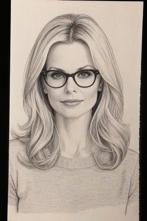 Elegant Monica Potter, pencil sketch, portrait of Attractive woman 1967s in glasses, hair style beatnik, outline, clear lines, fine lines, 8k