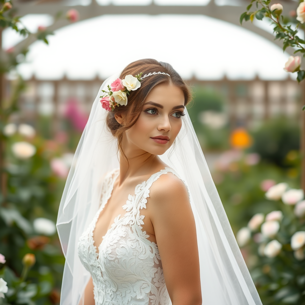 garden scene, bridal model, delicate lace gown, floral headpiece, soft romantic focus, high-key lighting and an 85mm lens for soft, even tones that highlight the model’s face and bright outfit against a white or light background