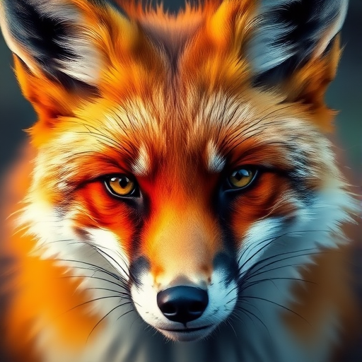 Create a highly detailed digital illustration of a fox's face with vibrant, warm colors and artistic brush strokes, using a 50mm lens in aperture priority mode at f/2.8, ISO 100, shot from a low angle to enhance depth, styled like a modern art painting.
