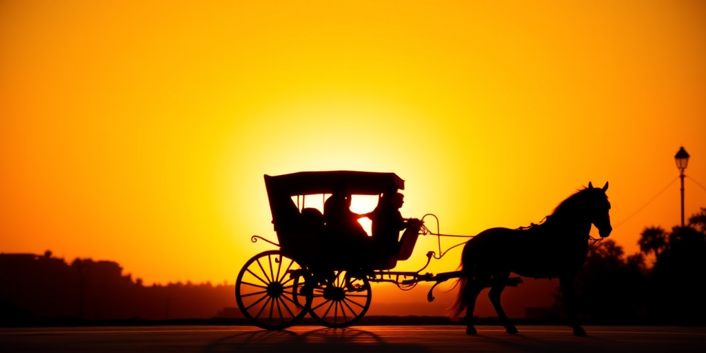 create a silhouette of a horse-drawn carriage with passengers against an orange sunset sky, captured with a DSLR camera at f/8 aperture, 1/250 shutter speed, ISO 200, using a wide-angle lens for depth, and a late afternoon perspective to enhance contrast and detail