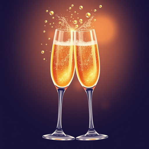 Create an illustration of two champagne glasses clinking together with sparkling bubbles rising from them, use a DSLR camera type with a 50mm lens, aperture f/2.8, ISO 100, shot from a slightly elevated angle for a vibrant and detailed appearance.