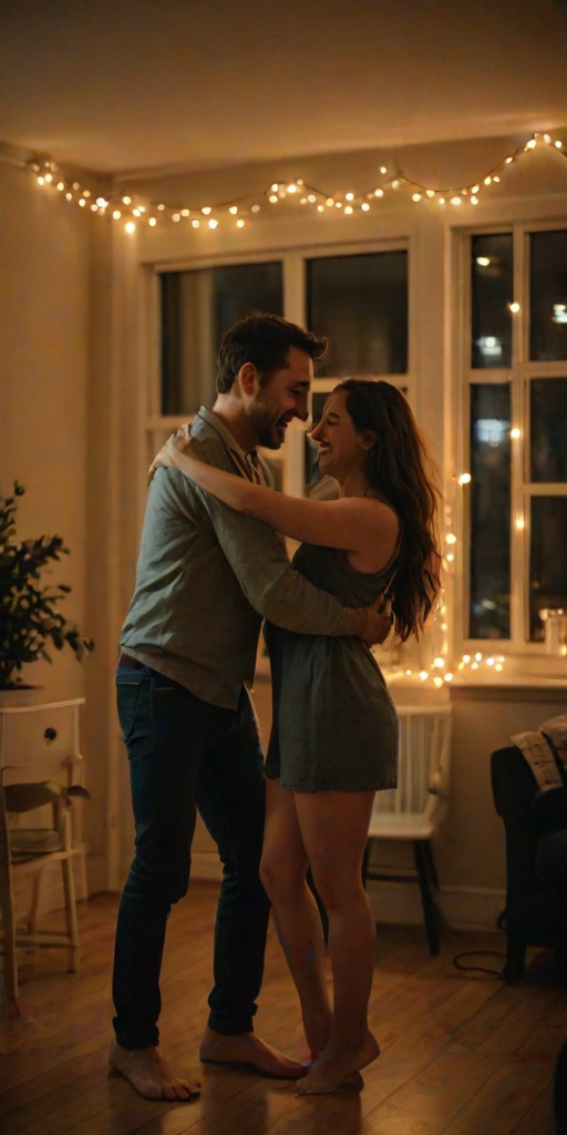 Low-light, intimate photo of a couple dancing in their living room, fairy lights strung up around the windows, soft music playing in the background, their faces close together, warm lighting from a small lamp casting long shadows on the walls, a gentle smile on both of their faces.