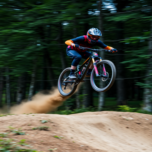 Blurry action shot of a mountain biker soaring over a jump, soft dirt clouds rising around the bike, with trees lining the trail in the background.