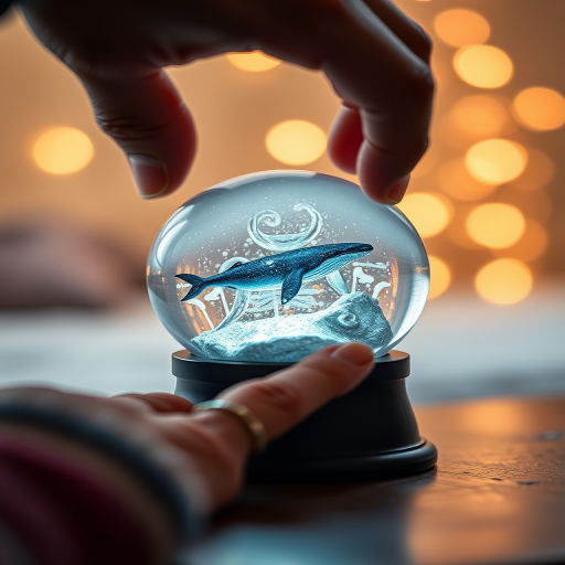 Capture a close-up shot of a hand reaching for a glass snow globe with a whale inside, illuminated from behind, using a Canon EOS R5 camera, 50mm lens, f/1.8 aperture, ISO 100, 1/60 sec shutter speed, in soft focus, with a warm color palette.