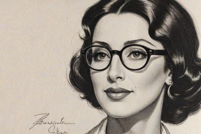 Bewitching Cher, pencil sketch, portrait of Resplendent woman 1931s in glasses, hair style beatnik, outline, clear lines, fine lines, 8k