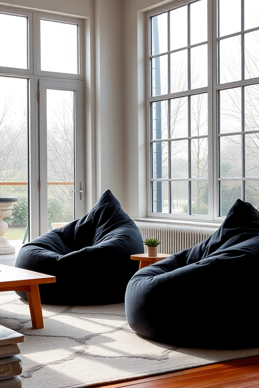interior design of a cozy living space featuring two black bean bag chairs and a wooden coffee table, large windows with natural light, minimalist style, shot with a DSLR camera at f/4, ISO 100, 24mm lens, natural light, wide-angle view, high dynamic range