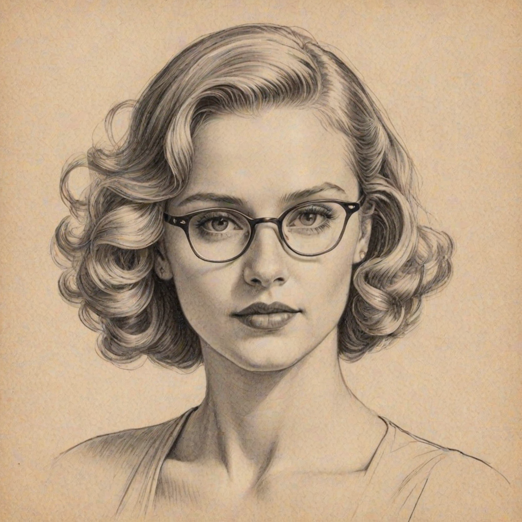 Fetching Alyvia Alyn Lind, pencil sketch, portrait of Radiant woman 1938s in glasses, hair style beatnik, outline, clear lines, fine lines, 8k