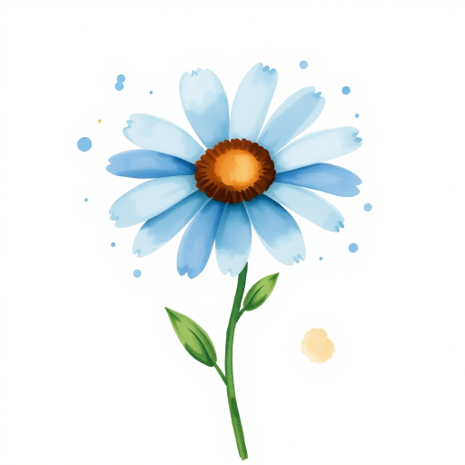 A single blue daisy flower in a loose, whimsical watercolor style. The petals are unevenly spread, with soft blue and brown tones. The stem is thin and slightly curved, with two green leaves, while watercolor splatters create an organic, artistic effect around the flower. The background is light beige with natural watercolor textures and splashes.