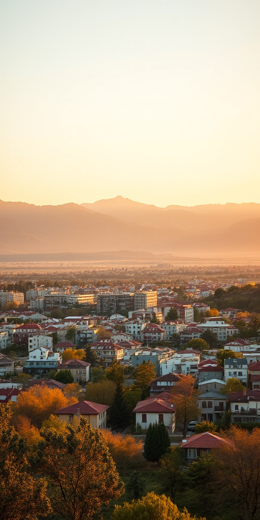 landscape photograph of a city with mountains in the background during golden hour, Canon EOS R5, 35mm lens, aperture f/8, ISO 100, shutter speed 1/200 sec, wide-angle view, soft colors and high detail