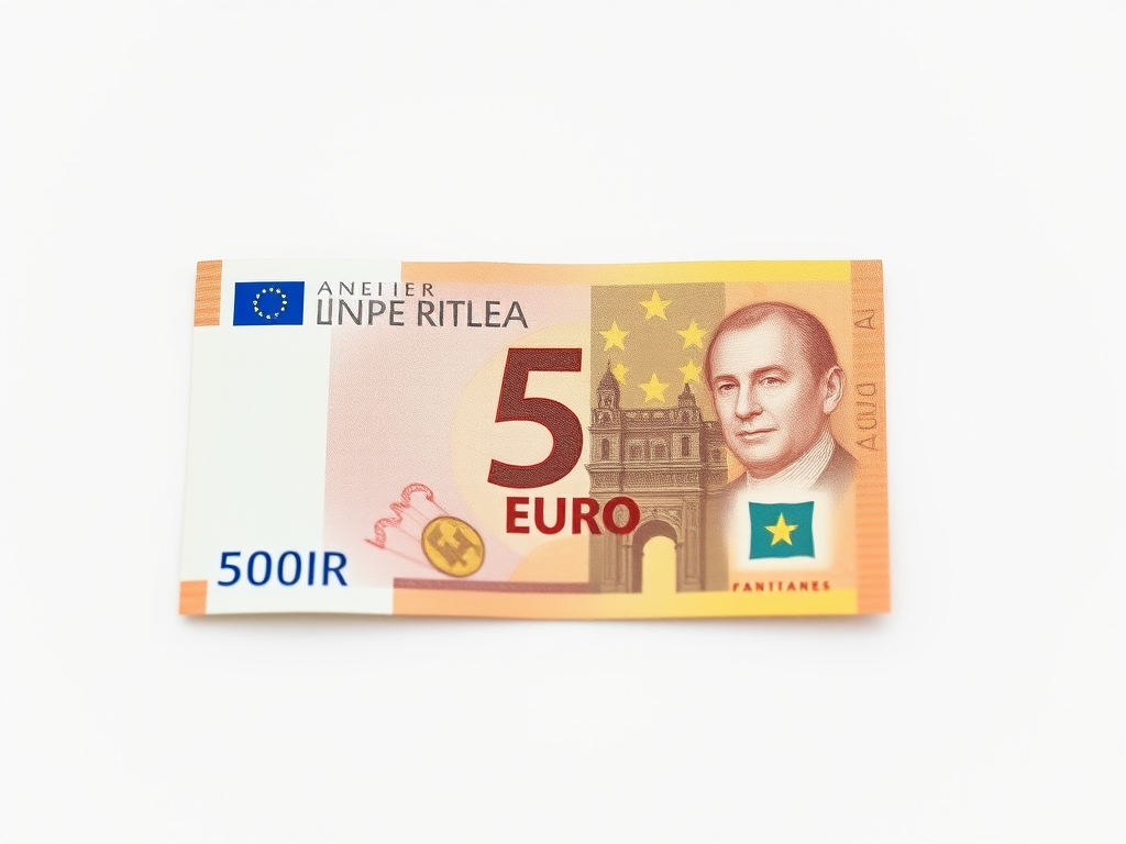 Create a high-resolution image of a 5 Euro banknote, centered in the frame with a clean background, using a DSLR camera at f/8 aperture, ISO 100, 50mm lens, shot from a straight-on perspective to capture details and enhance clarity.