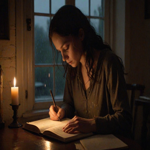 Woman writing in a journal by candlelight, the soft flicker of the flame casting shadows on the walls, and rain gently tapping against the window.