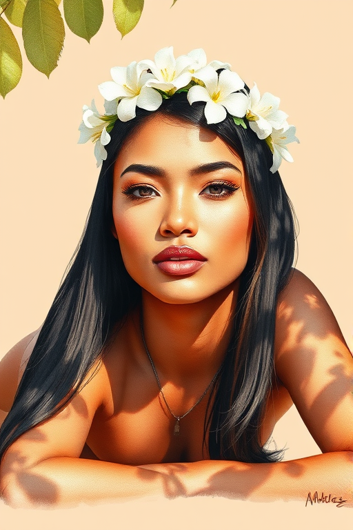 create a watercolor painting of an ethereal portrait of beautiful Aboriginal Australian woman with a simple white flower crown on her head. Her hair is long and she is lying on the ground. The sunlight on the trees casts shadows from the leaves on her face and body. The background is a neutral brown color that matches her skin tone. The image is minimalist and solid colors. This style is characterized by soft, delicate brushstrokes and a light, airy, contrasting color palette. High level of detail and play of light