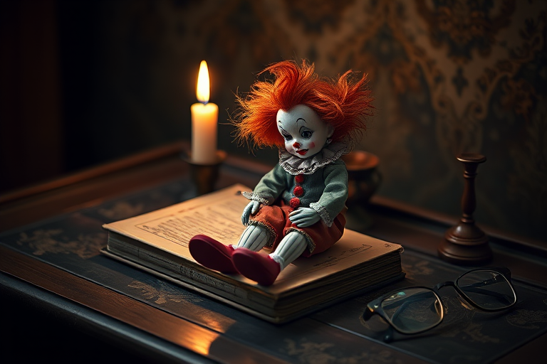 Create a surreal image featuring a clown doll sitting on an antique book beside a lit candle, with a pair of glasses nearby, using a DSLR camera at f/2.8, ISO 100, shutter speed 1/60s, in a soft focus style with dramatic lighting to enhance texture and mood.