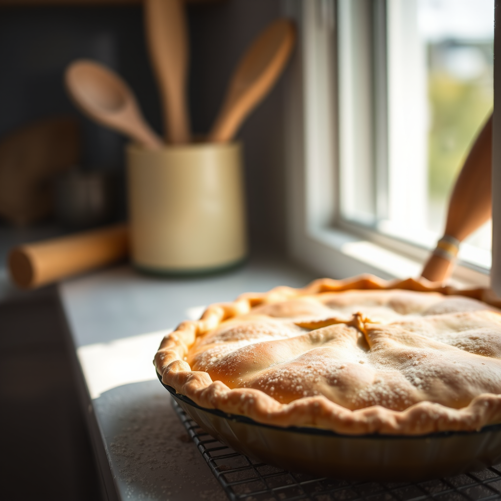 Close-up of a freshly baked pie cooling on a windowsill, soft afternoon light streaming through the window, with flour-dusted countertops and baking utensils softly blurred in the background.