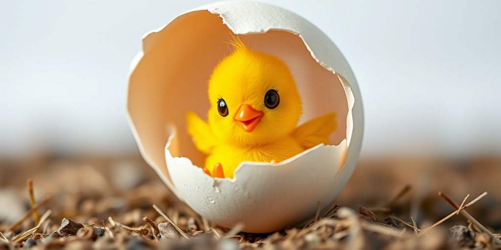 Create a cute cartoon chick hatching from an eggshell, vibrant colors, soft focus lens, 50mm f/1.8, ISO 100, natural light, clear background.