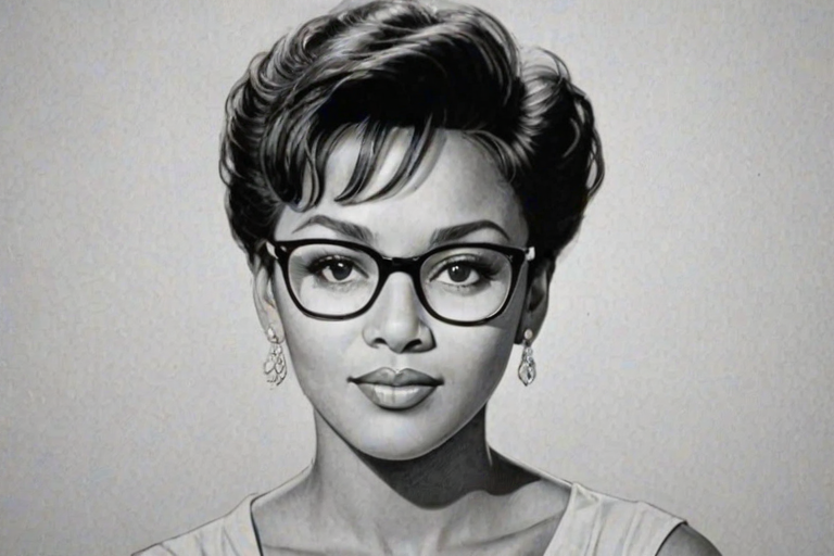 Comely Anita Baker, pencil sketch, portrait of Enchanting woman 1956s in glasses, hair style beatnik, outline, clear lines, fine lines, 8k
