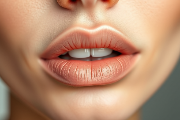 Elegant nude lips feature a satin texture, enhancing natural beauty with soft beige tones and subtle pink undertones, ideal for a timeless and versatile look