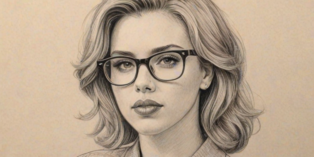 Delightful Scarlett Johansson, pencil sketch, portrait of Comely woman 1956s in glasses, hair style beatnik, outline, clear lines, fine lines, 8k