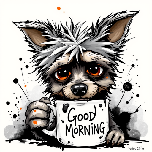 A quirky, artistic illustration of a disheveled cirneco delletna with exaggerated, large eyes and spiky fur, holding a coffee mug that reads "Good Morning". The dog has a tired but humorous expression, with ink splatters and abstract details surrounding it, giving a whimsical feel to the image. The color palette is mostly monochrome with hints of orange in the eyes and steam rising from the mug, enhancing the overall sleepy vibe