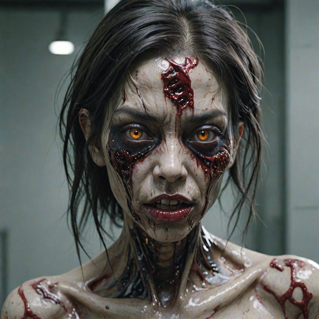 (perspective) of A creepy (ethnicity) zombie cyborg with (descriptive color) skin, (color) lipstick (color) liquid flowing from her eyes and mouth, (perspective two) portrait, (camera angle), extremely detailed, (art style) in the style of Yoshitaka Amano and Tetsuo Hara. --ar 85:128 --style raw --niji 6