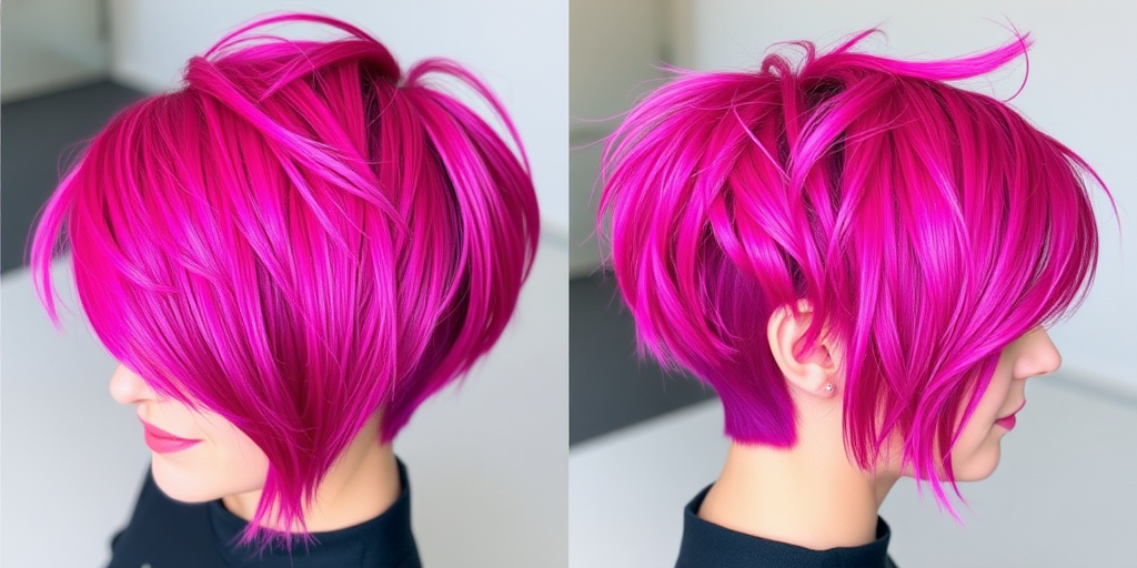 Vibrant magenta pixie cut named "Neon Nebula" features shimmering holographic highlights and a tousled, edgy texture with asymmetrical bangs framing the face elegantly
