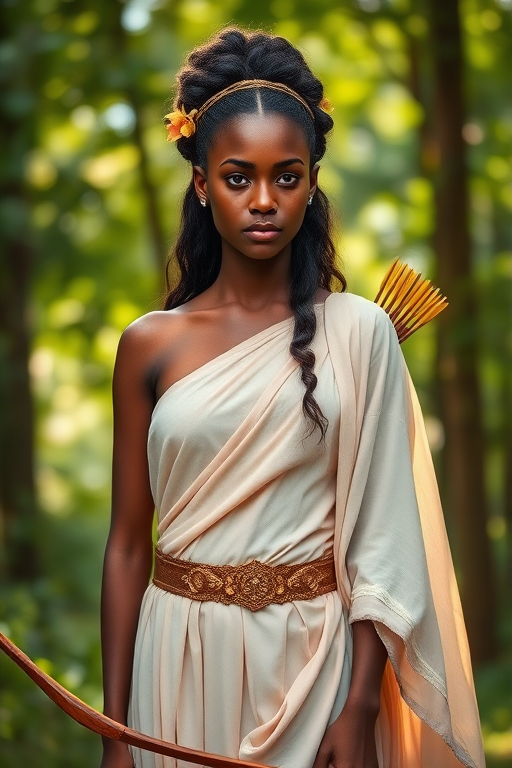 Create a portrait of a goddess-like Kikuyu girl figure in a tranquil, forested environment. She has an elegant appearance with long, wavy hair styled in an updo and adorned with a delicate, floral headband. She wears a flowing, ancient Greek-inspired gown in a soft, pale color, featuring a one-shoulder design and draped fabric that accentuates her graceful form. The outfit includes a decorative belt with ornate gold detailing, and she holds a bow in her hand, with a quiver of arrows slung over her shoulder. The background depicts lush greenery, with sunlight filtering through the trees, casting a gentle, ethereal light on the scene. Her expression is calm and contemplative, embodying a sense of wisdom and serenity.
