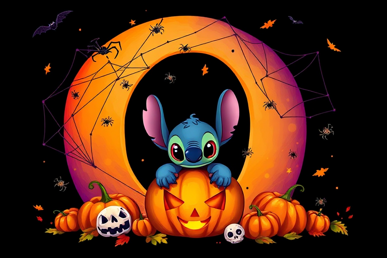 A whimsical and vibrant Halloween-themed digital illustration featuring the letter "O" adorned with spider webs, small bats, and cute spiders. At the base of the letter, a playful alien character similar to Stitch is peeking out from inside a carved pumpkin with glowing eyes, surrounded by additional pumpkins, a small skull, and autumn leaves. The letter is gradient-colored from orange to purple, adding a magical atmosphere to the scene, black background