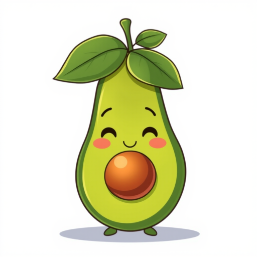 Create a cute cartoon avocado character with a smiling face, oversized leaves, and a round seed, using a soft focus lens, aperture f/2.8, ISO 100, and a vibrant color palette in a digital illustration style.