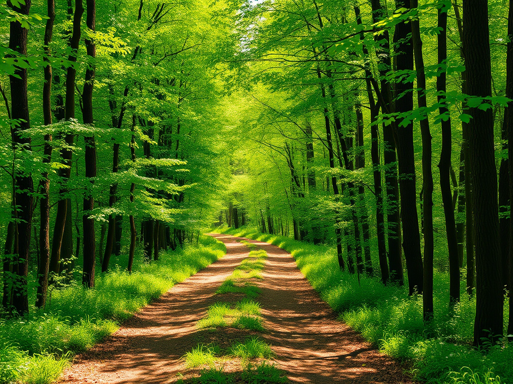 regenerate a vibrant forest path with lush green trees on either side, soft natural lighting, 50mm lens, f/2.8 aperture, ISO 100, slightly elevated viewpoint, DSLR camera, enhance sharpness and color saturation