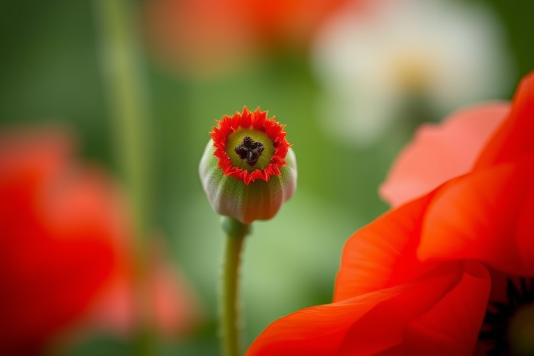 Close-up of a red poppy flower with green leaves, soft focus background, taken with a DSLR camera at f/2.8 aperture, ISO 100, 50mm lens, natural light, macro style.