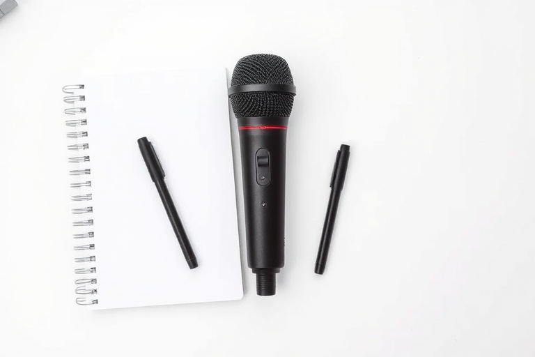Capture a top-down view of a black microphone next to a blank spiral notebook on a clean white background, using a DSLR camera with a 50mm lens, aperture set to f/2.8, ISO 100, and shutter speed at 1/125s for optimal clarity and depth of field.