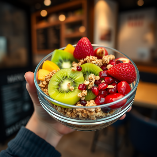 A close-up shot of a person holding a clear bowl of colorful fruit including strawberries, kiwi, pomegranate, and granola, with a blurred restaurant menu in the background, taken with a DSLR camera at f/1.8 aperture, 50mm lens, ISO 200, and a shallow depth of field for a soft bokeh effect.