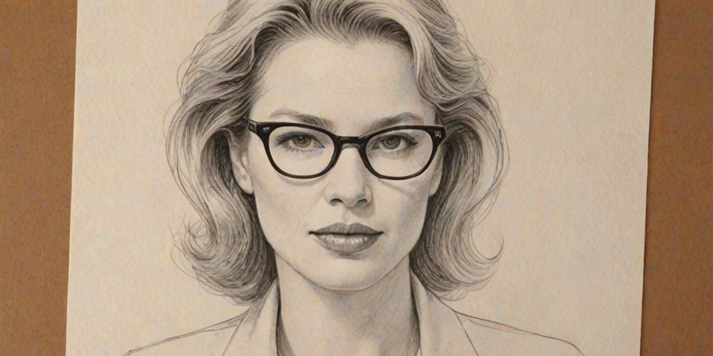 Elegant Rene' Zellweger, pencil sketch, portrait of Lovely woman 1980s in glasses, hair style beatnik, outline, clear lines, fine lines, 8k