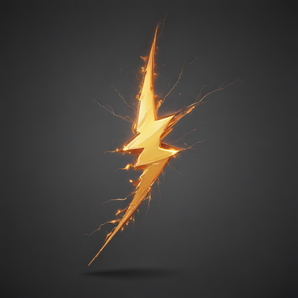 Dynamic Golden Lightning Bolt with Electric Sparks Against Dark Background