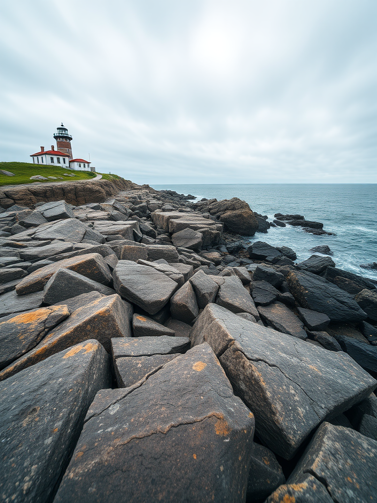 Capture a high-resolution image of a lighthouse on rocky shores with a wide-angle view, using an aperture of f/8 for depth of field, ISO 100 for clarity, and a shutter speed of 1/125s, taken with a DSLR camera for enhanced quality on a cloudy day.