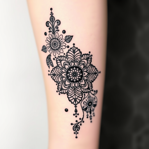 Ornamental blackwork tattoo named "Lace and Shadow" featuring intricate patterns inspired by henna designs and Victorian lace, with delicate linework and negative space creating a feminine and elegant aesthetic