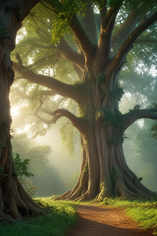 Majestic Ancient Tree Standing Tall in a Misty Enchanted Forest