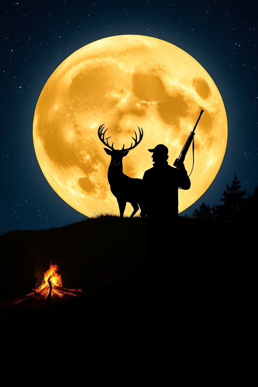 create an image of a silhouette of a man holding a rifle standing on a hill overlooking a large full moon with a mystical deer silhouette in front of it, a campfire glowing on the side, night sky filled with stars, captured with a DSLR camera, 35mm lens, f/2.8 aperture, ISO 400, high dynamic range, long exposure for enhanced detail and clarity