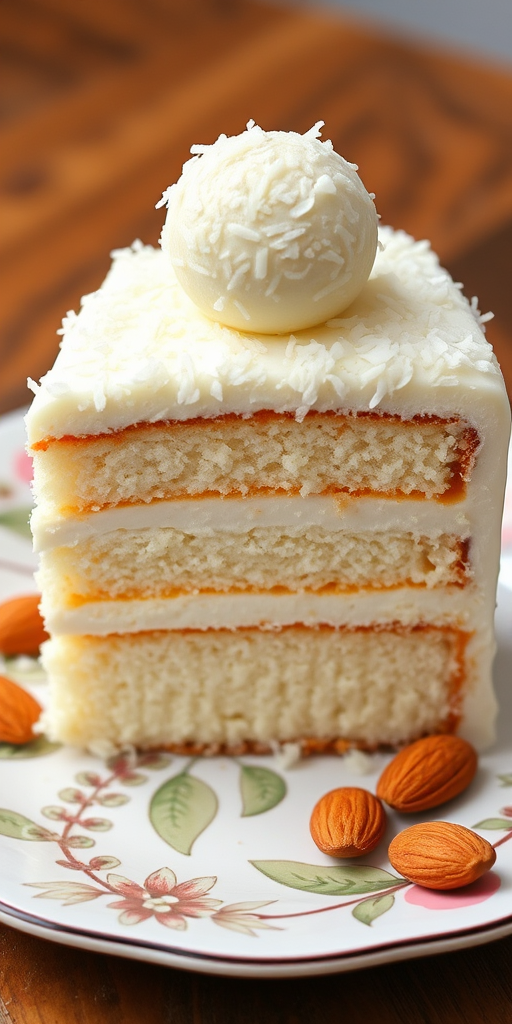 A delicious slice of white cake with layers of creamy filling topped with shredded coconut and a round coconut truffle on top served on a decorative plate with almonds scattered around.