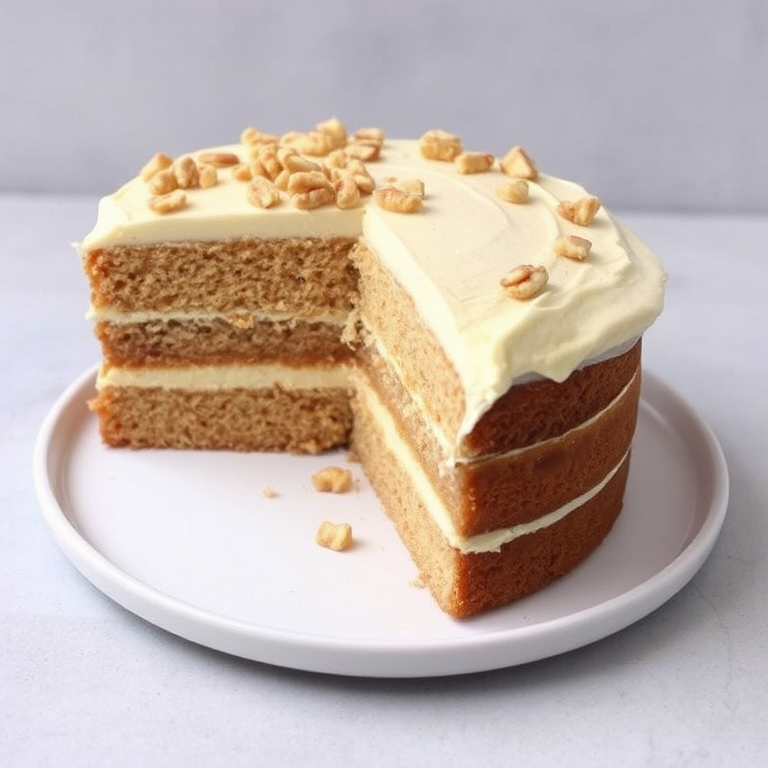 A deliciously layered cake with a light brown sponge and creamy frosting on top garnished with chopped nuts, showcasing a slice cut out to reveal the fluffy interior, served on a simple white plate against a soft gray background.