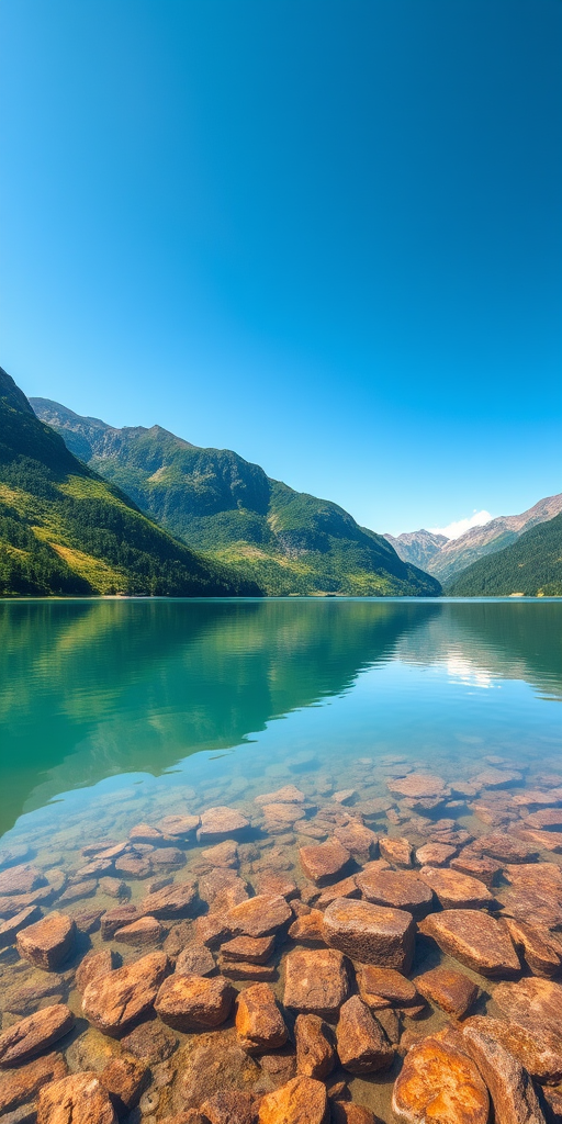Create a highly detailed image of a serene landscape featuring a tranquil lake surrounded by lush green mountains, with a clear blue sky reflecting on the water, shot with a Canon EOS R5 at f/8, ISO 100, 1/125 sec, using a wide-angle lens from a low angle viewpoint for enhanced depth and clarity.